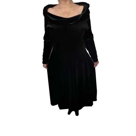 Posh Black Velvet Maxi Gown Dress Boat Neck /Cowl Neck Goth Classy Event Sexy - Picture 3 of 14